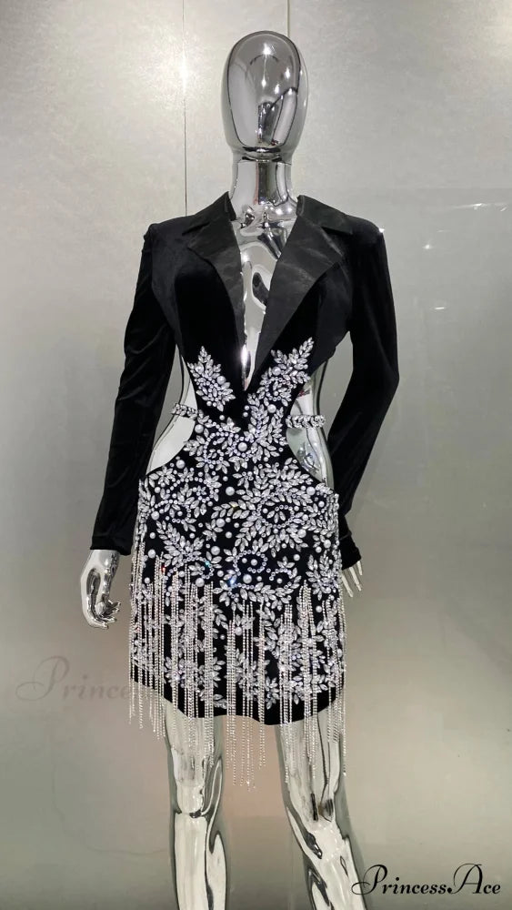 Luxury Diamonds Tassel Sexy Hollow Notched Black Mini Dress Evening Christmas Party Dress