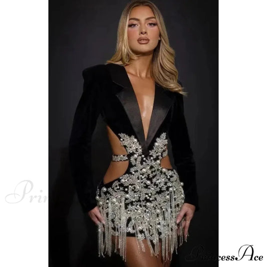 Luxury Diamonds Tassel Sexy Hollow Notched Black Mini Dress Evening Christmas Party Dress XS