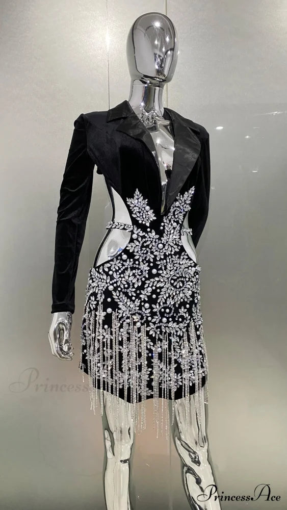 Luxury Diamonds Tassel Sexy Hollow Notched Black Mini Dress Evening Party Christmas Party Dress