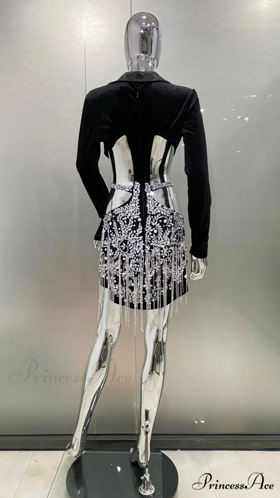 Luxury Diamonds Tassel Sexy Hollow Notched Black Mini Dress Evening Party Christmas Party Dress