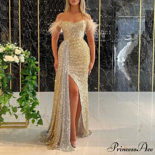 Luxury Floor Length Wedding Party Strapless Sequins Dress Gold / S