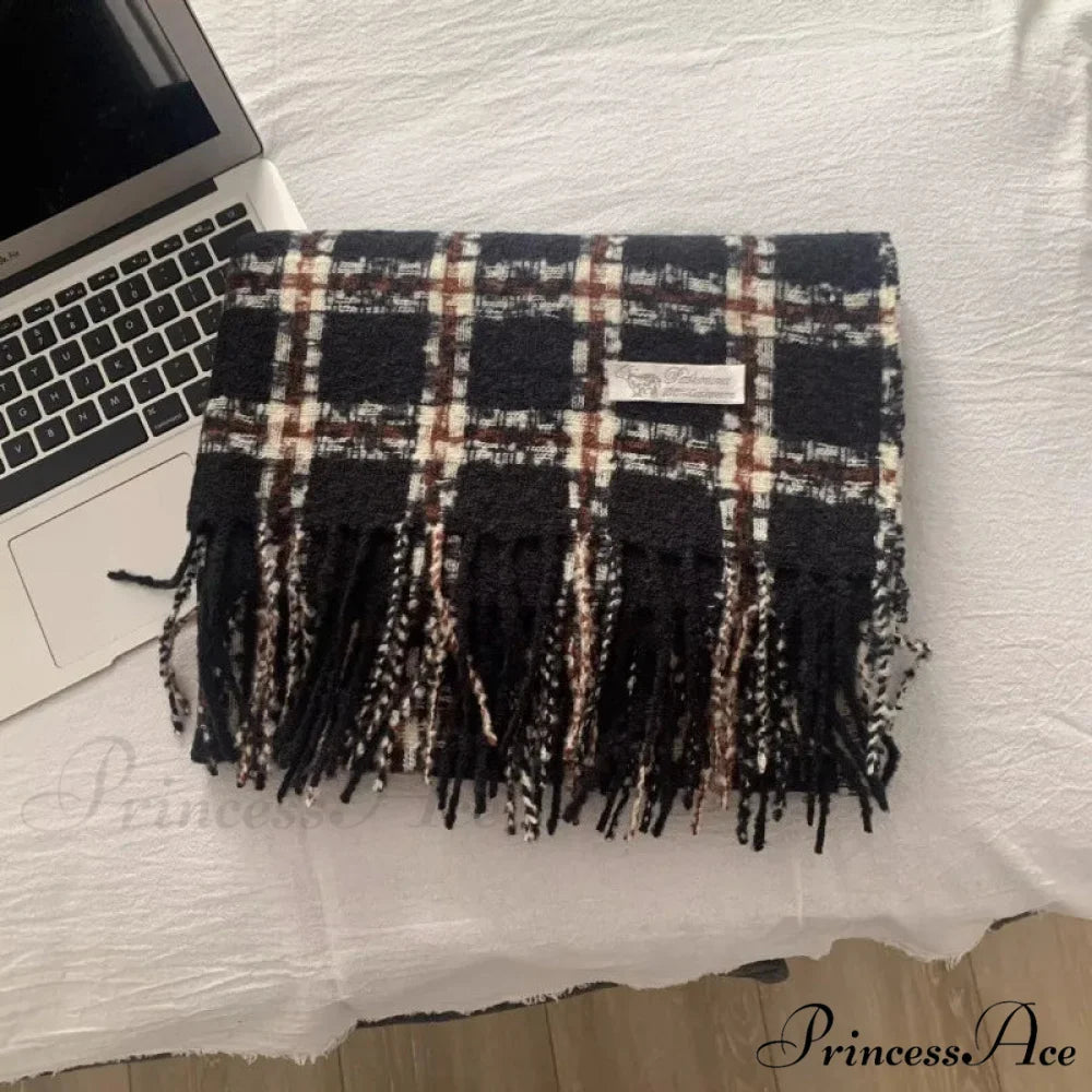 Luxury Plaid Cashmere Long Bandana Pashmina Scarf for Women BLACK 2