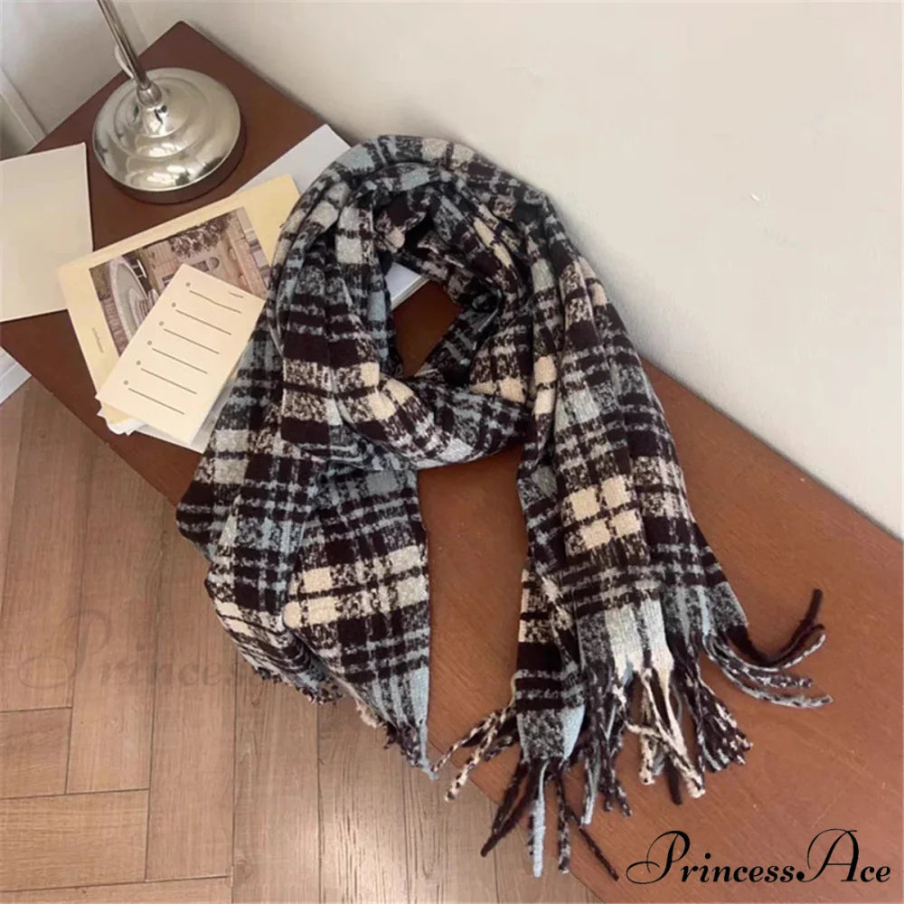 Luxury Plaid Cashmere Long Bandana Pashmina Scarf for Women BLUE - BROWN
