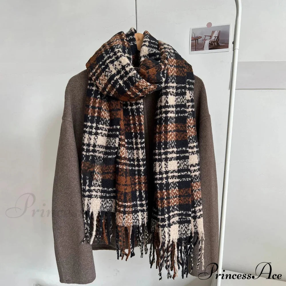 Luxury Plaid Cashmere Long Bandana Pashmina Scarf for Women BROWN 1
