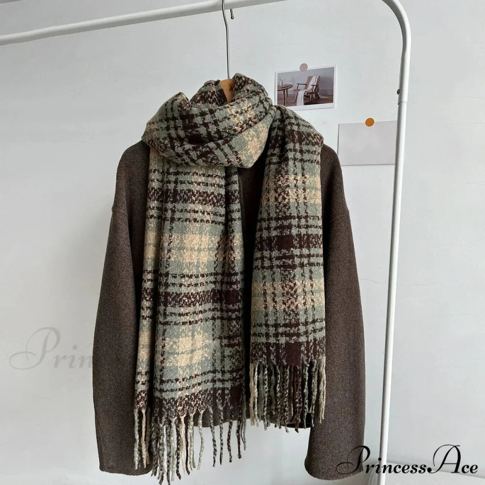 Luxury Plaid Cashmere Long Bandana Pashmina Scarf for Women LIGHT BLUE - BROWN