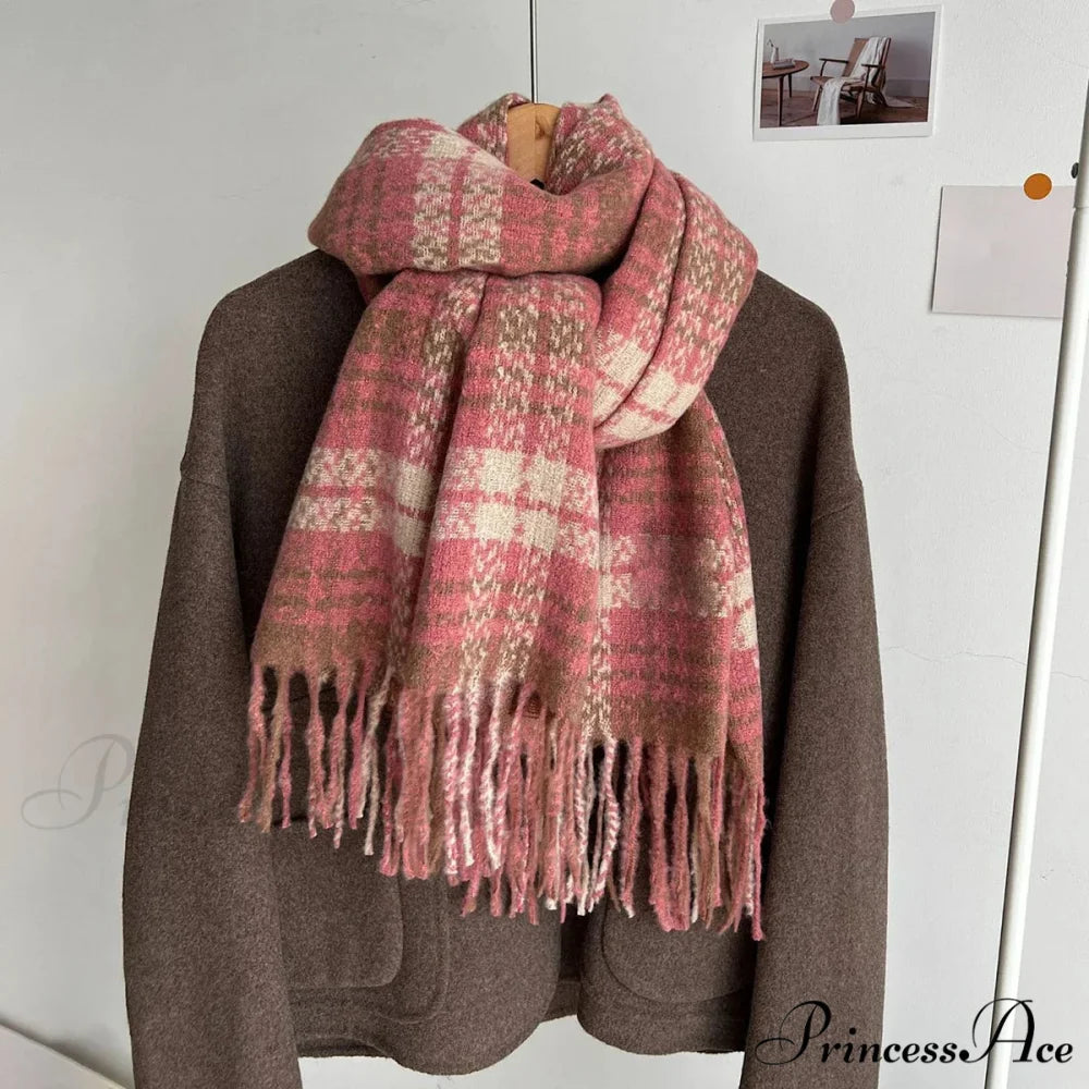 Luxury Plaid Cashmere Long Bandana Pashmina Scarf for Women PINK 1