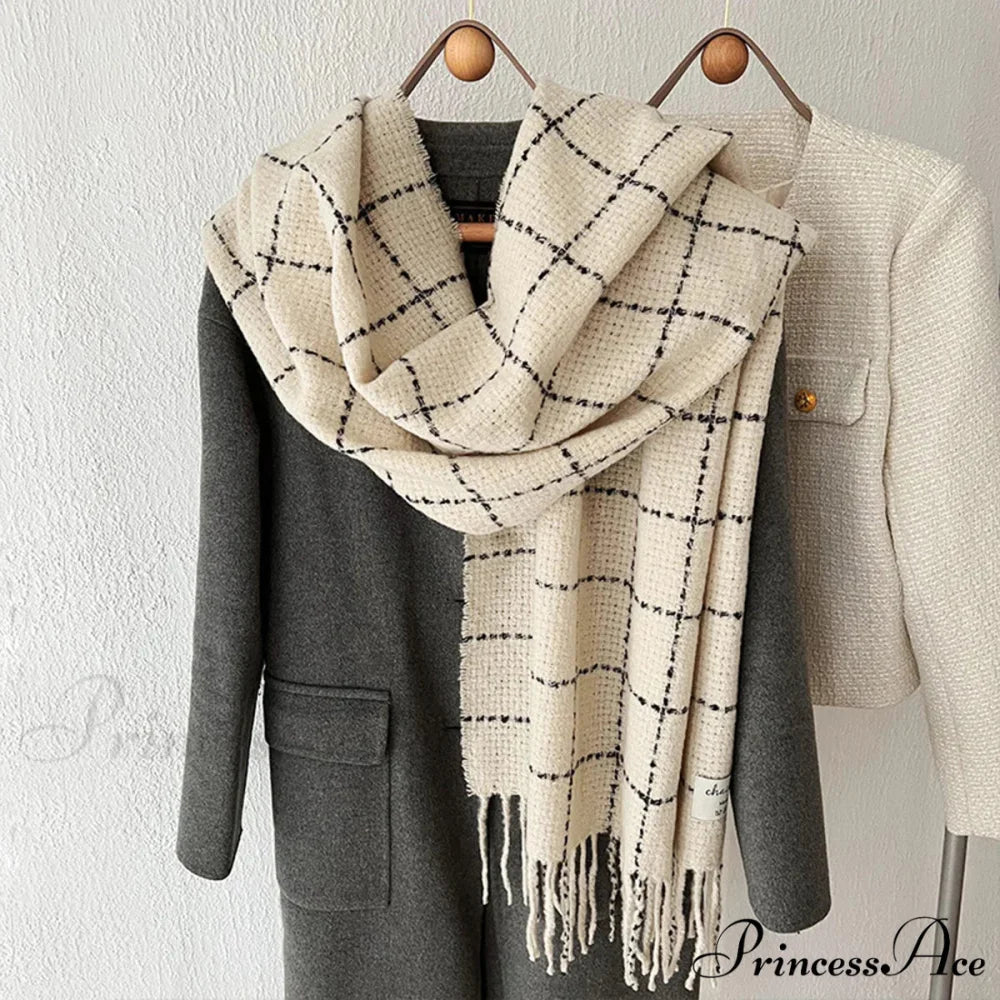 Luxury Plaid Cashmere Long Bandana Pashmina Scarf for Women WHITE