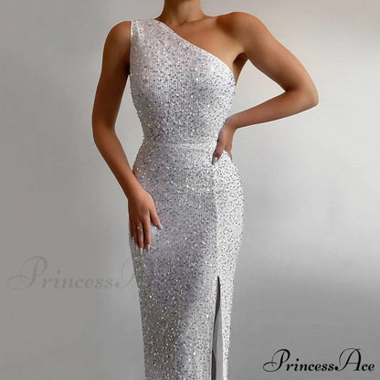 Lyla Formal One Charming Shoulder Sequin Dress WHITE / S