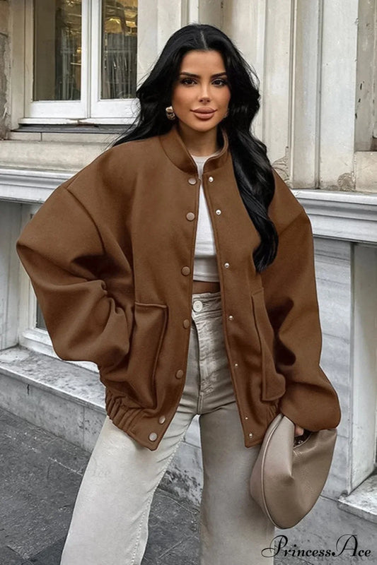 Maillard Brown Thickened Mid-Length Stand-Collar Woolen Jacket Brown / S