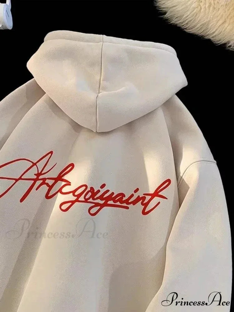 Main Street Correspondence Printed Generously Sized Hoodie Beige / M(40-45KG) hoodies-241228