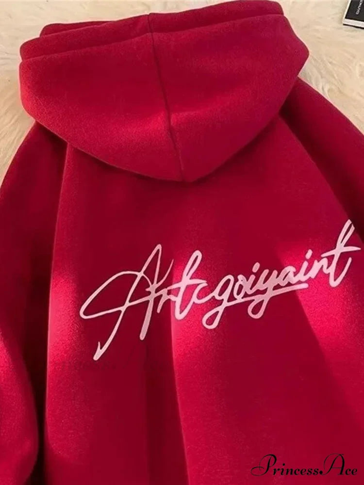 Main Street Correspondence Printed Generously Sized Hoodie Red / M(40-45KG) hoodies-241228