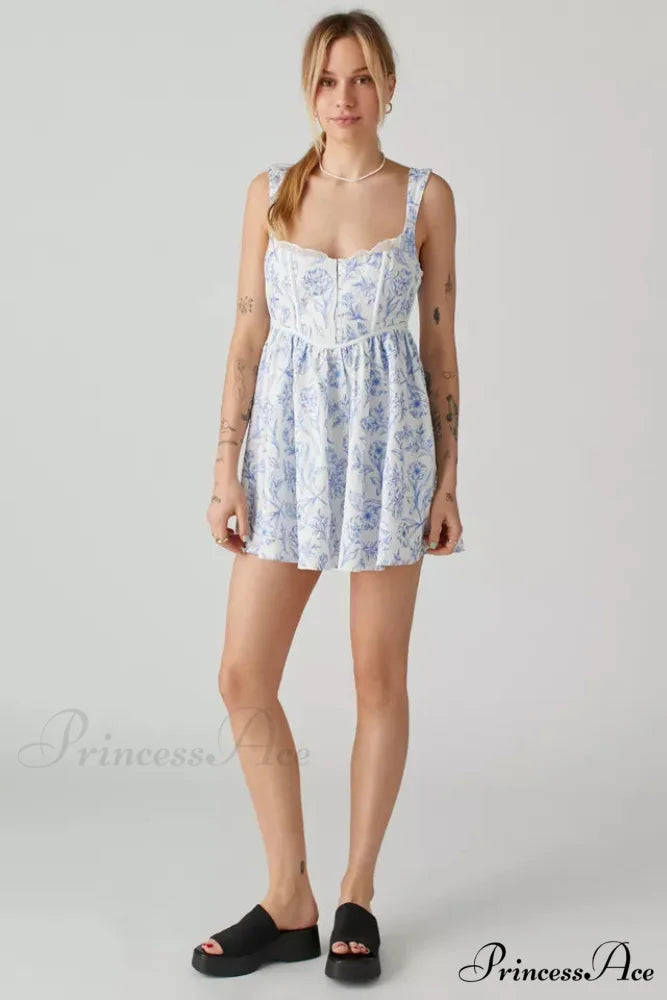 Maisie Linen Stylish Floral Mini Dress 4 Days / 6 / S / Blue