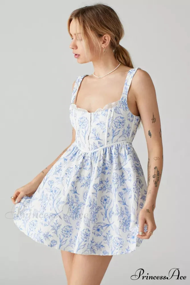 Maisie Linen Stylish Floral Mini Dress 4 Days / 8 / M / Blue