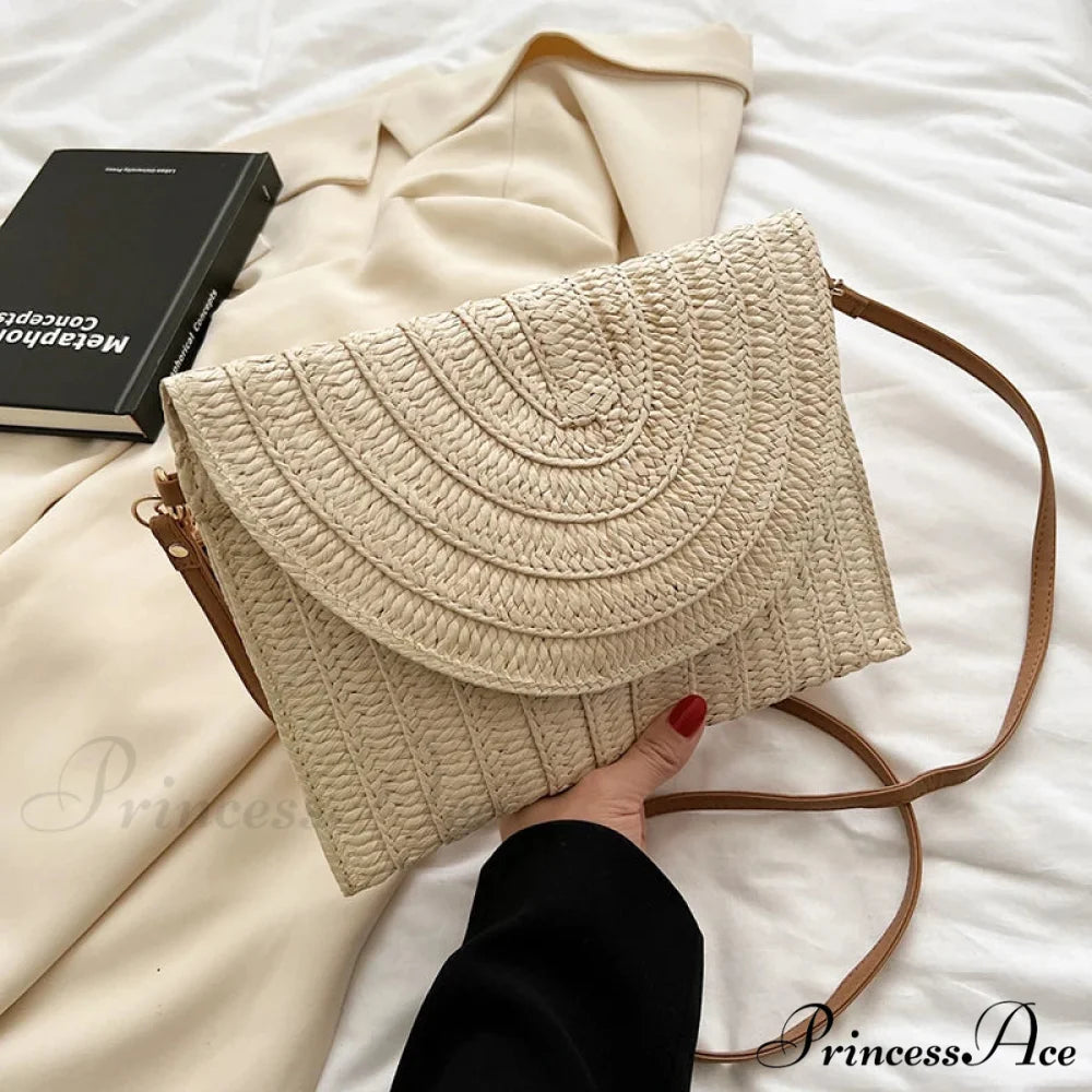 Maize Sheath Interlace Straw Pouch Wristlet beige1 wristlet-250126