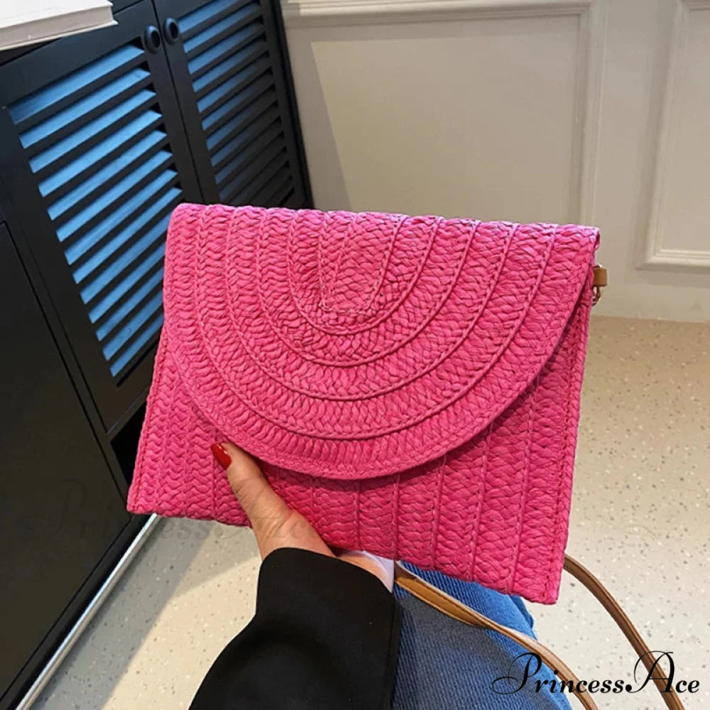 Maize Sheath Interlace Straw Pouch Wristlet hotpink1 wristlet-250126