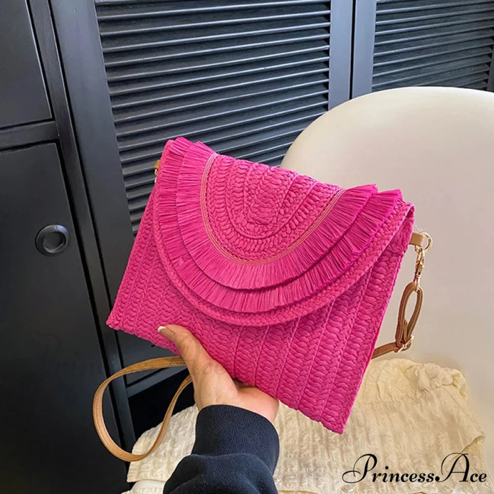 Maize Sheath Interlace Straw Pouch Wristlet hotpink2 wristlet-250126
