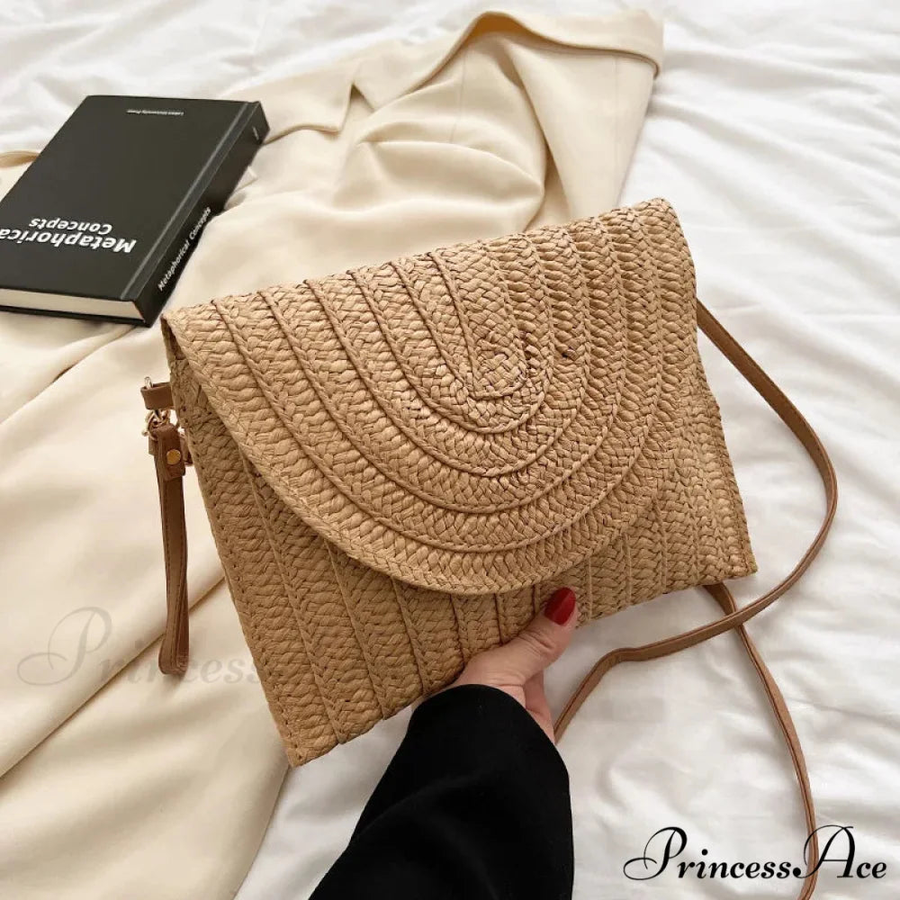 Maize Sheath Interlace Straw Pouch Wristlet khaki wristlet-250126