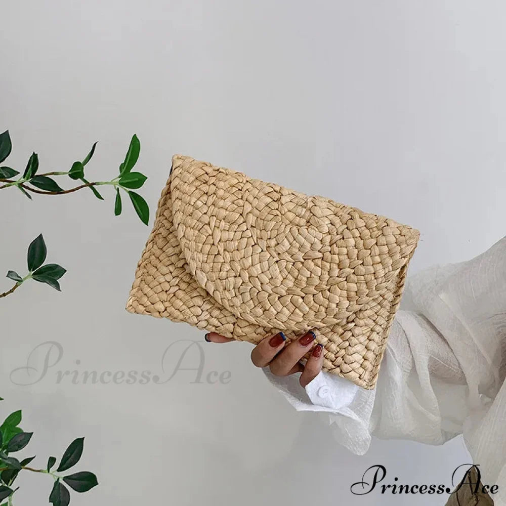 Maize Sheath Interlace Straw Pouch Wristlet Khaki1 wristlet-250126