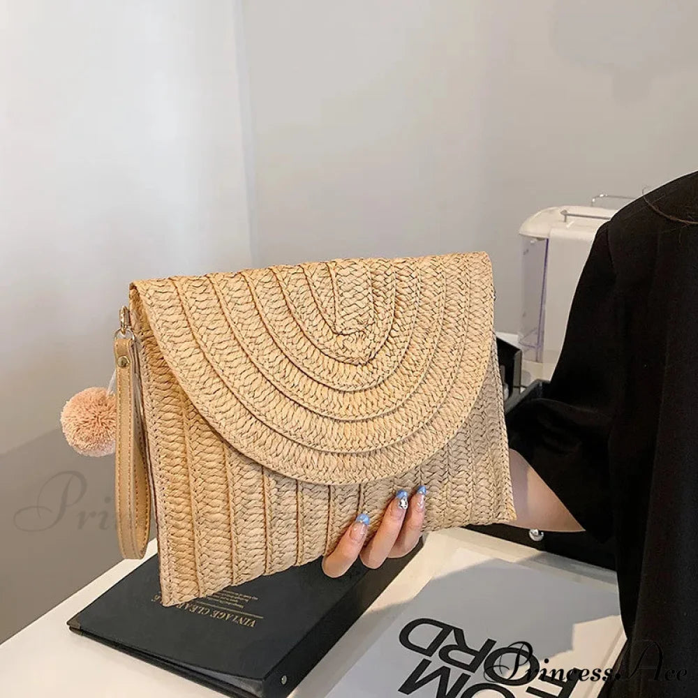 Maize Sheath Interlace Straw Pouch Wristlet lightbrown wristlet-250126