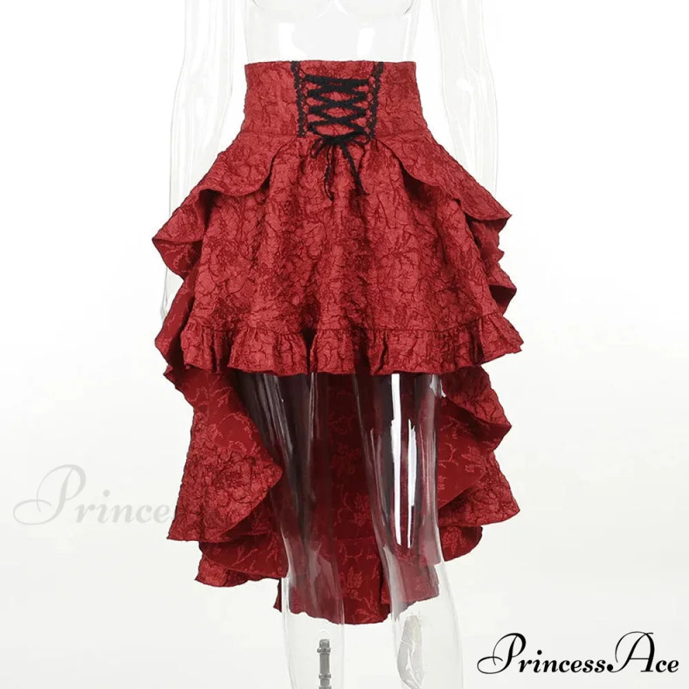 Mall Goth High Waist Swallowtail Women’s SteamVintage Lace Up Asymmetrical High Low Skirt Red / S