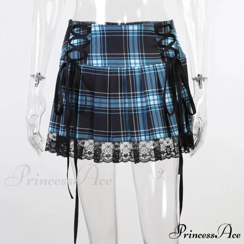 Mall Gothic Grunge Summer Mini Women Y2K Vintage Lace Harajuku Streetwear High Waist Bandage Sexy Skirt Blue / S