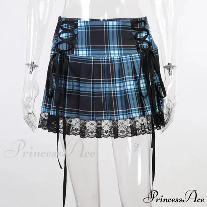 Mall Gothic Grunge Summer Mini Women Y2K Vintage Lace Harajuku Streetwear High Waist Bandage Sexy Skirt Blue / S