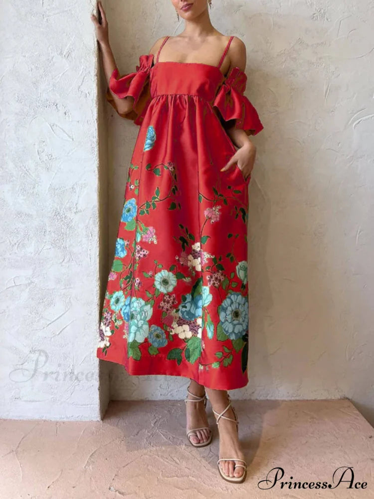 Marigold Printed Gathered Sleeve Graceful Pocketed A-Line Midi Dress