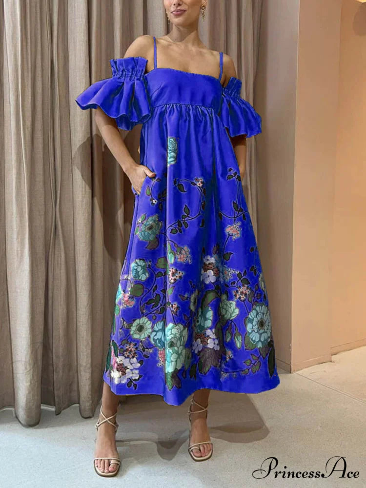 Marigold Printed Gathered Sleeve Graceful Pocketed A-Line Midi Dress Blue / S