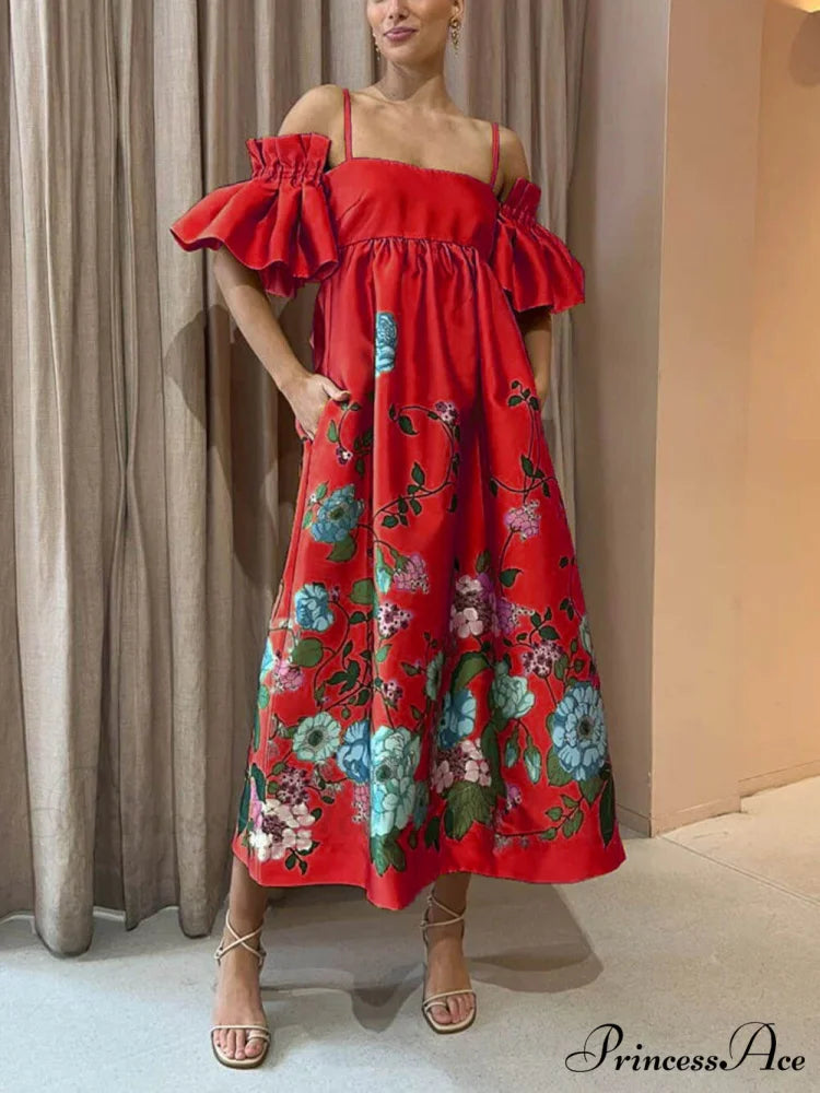 Marigold Printed Gathered Sleeve Graceful Pocketed A-Line Midi Dress Red / S