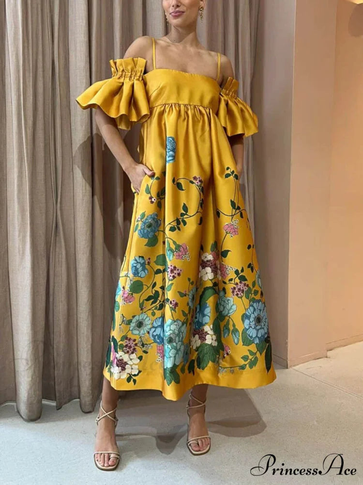 Marigold Printed Gathered Sleeve Graceful Pocketed A-Line Midi Dress Yellow / S