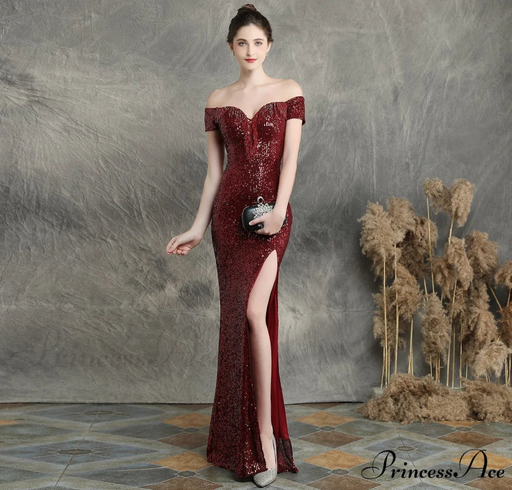 Marzia Formal Stylish Sequined Slit Dress BURGUNDY / XS