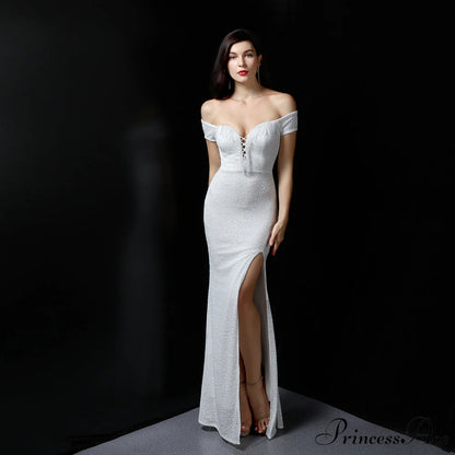 Marzia Formal Stylish Sequined Slit Dress WHITE / XS