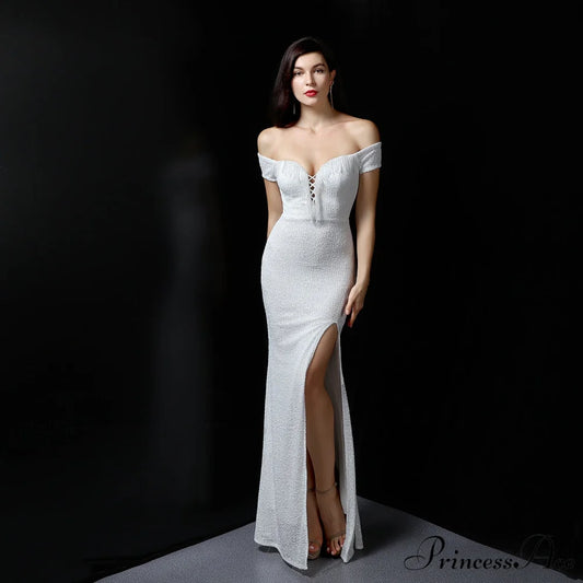 Marzia Formal Stylish Sequined Slit Dress WHITE / XS