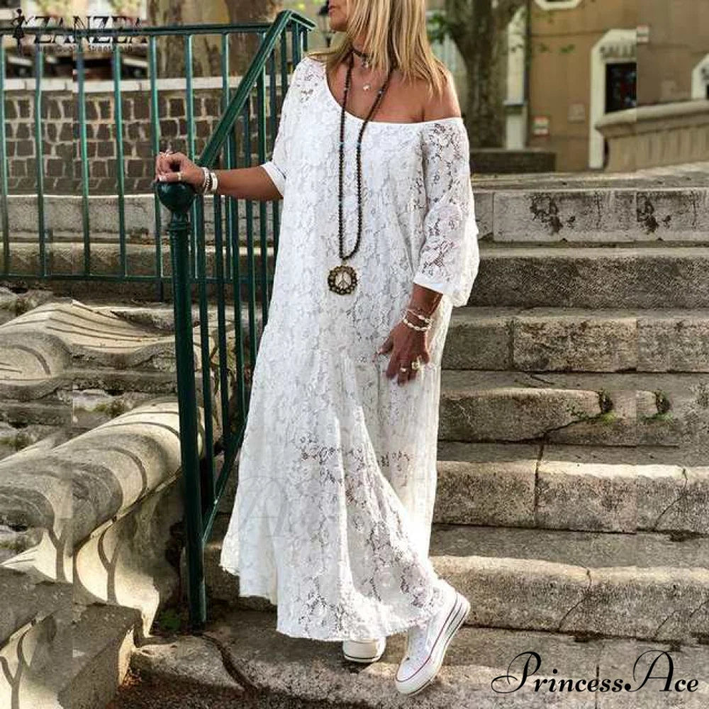 Maxi Long Summer O Neck Dress White / S