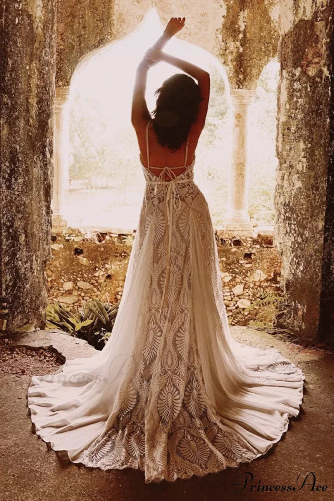 Meadow Backless Boho Trendy Lace A-line Wedding Dress