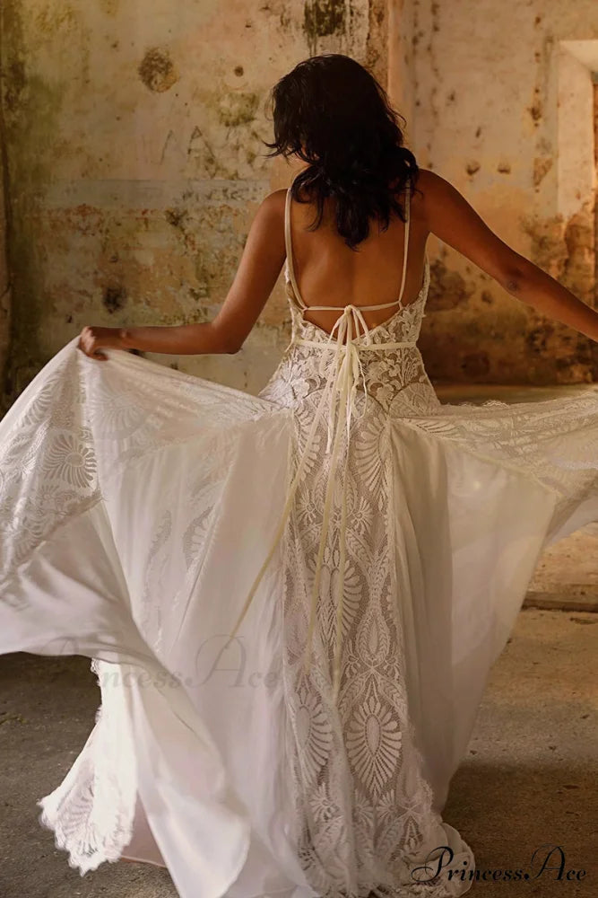 Meadow Backless Boho Trendy Lace A-line Wedding Dress