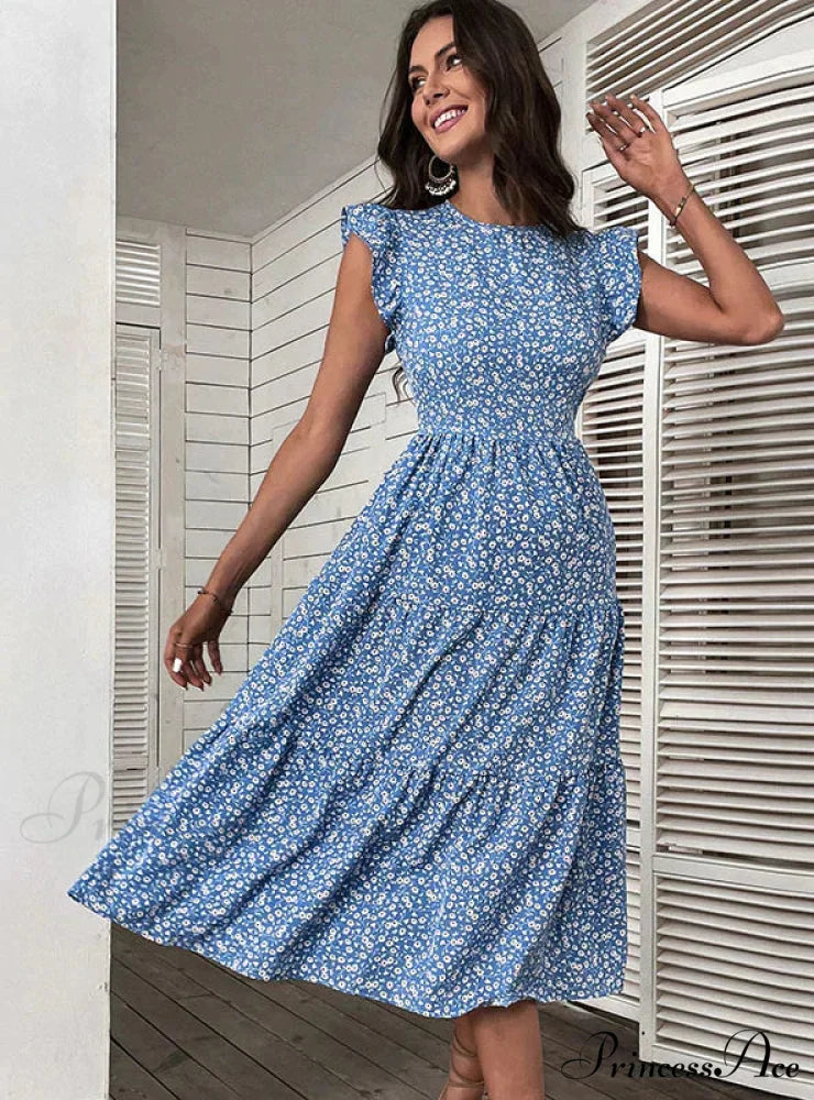 Medium-Length High-Waist Floral Dress with Flying Sleeves