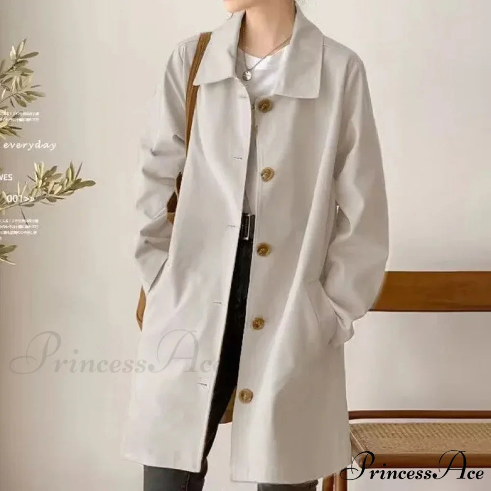 Medium-length Korean Style Trench Loose Fit Solid Color Spring Autumn Trendy Innerwear Coat Creamy-white / M