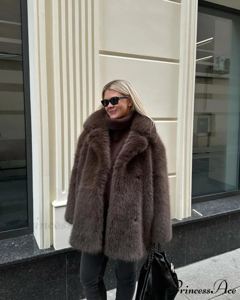 Medium-Length Synthetic Fur Plush Replica Jacket Brown / S coats-241228