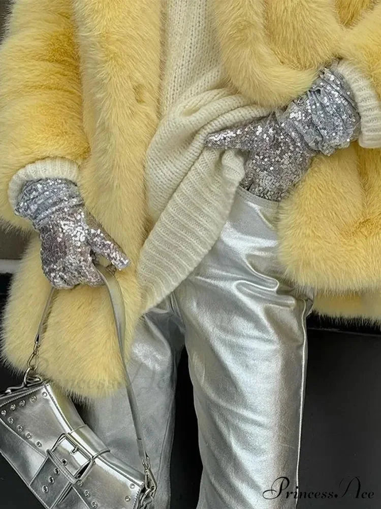 Medium-Length Synthetic Fur Plush Replica Jacket coats-241228