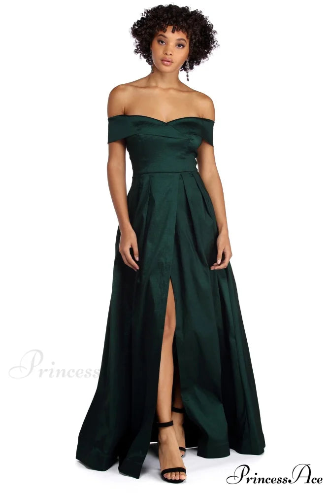 Megan Taffeta Off Charming The Shoulder Ball Gown HUNTER / XS