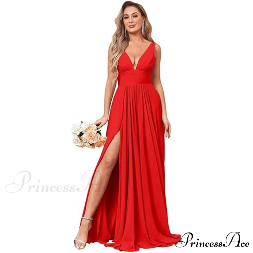 Melany Formal Stylish High Slit Dress Red / 2