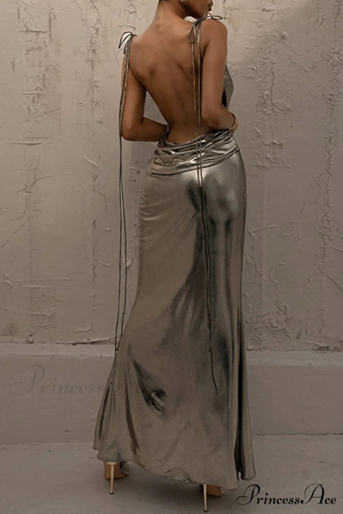 Mental Coating Tie-straps Backless Dress Light Gold / L