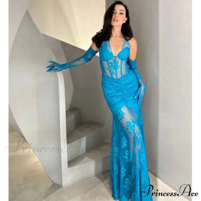 Mermaid Lace V-Neck Party Dress Blue / S