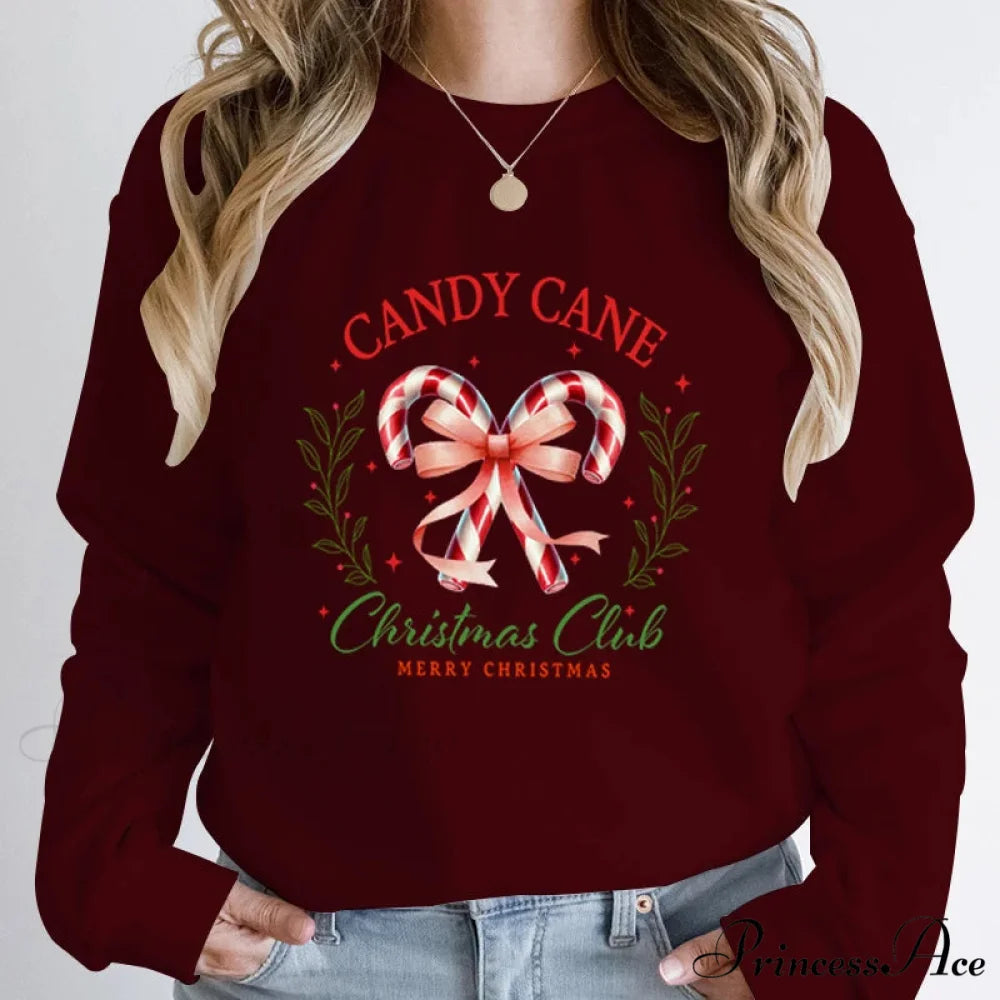 Merry Candy Cane Christmas Club Round Neck Christmas Hoodie Burgundy / S Christmas Hoodies-L
