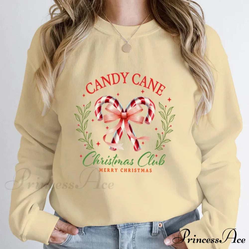 Merry Candy Cane Christmas Club Round Neck Christmas Hoodie Khaki / S Christmas Hoodies-L