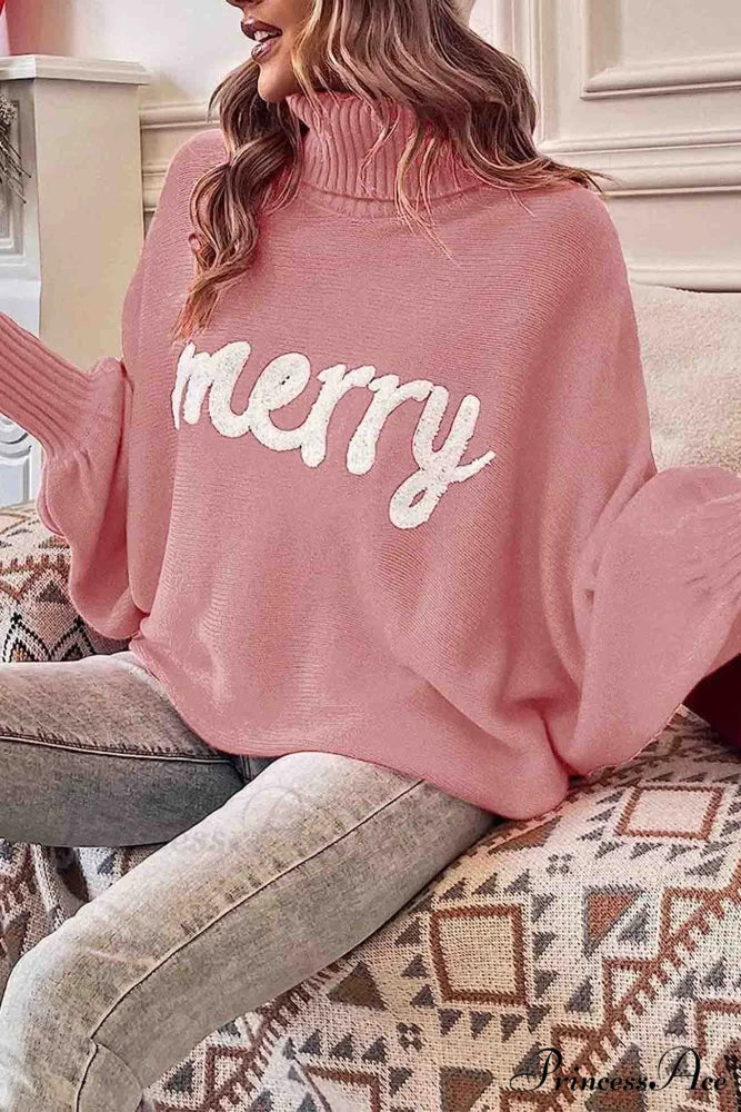 Merry Dolman Sleeve Turtleneck Knitted Sweater Coral / S