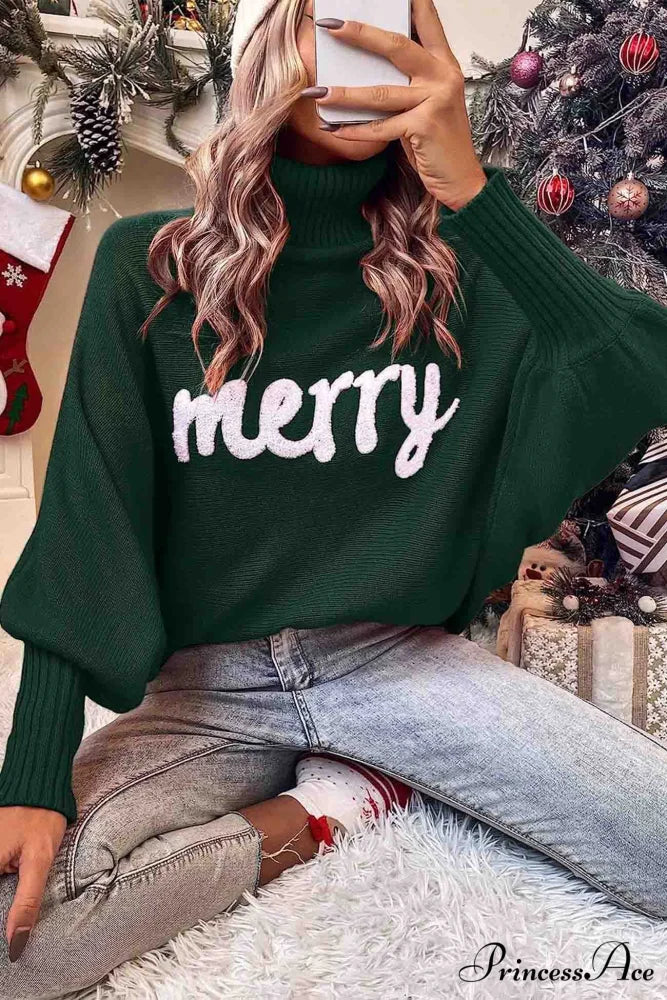Merry Dolman Sleeve Turtleneck Knitted Sweater Green / S