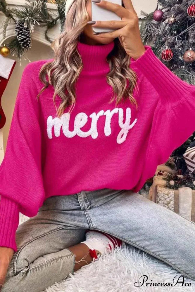 Merry Dolman Sleeve Turtleneck Knitted Sweater Pink / S