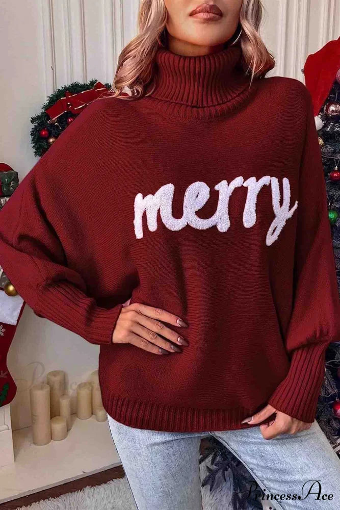 Merry Dolman Sleeve Turtleneck Knitted Sweater Wine Red / L